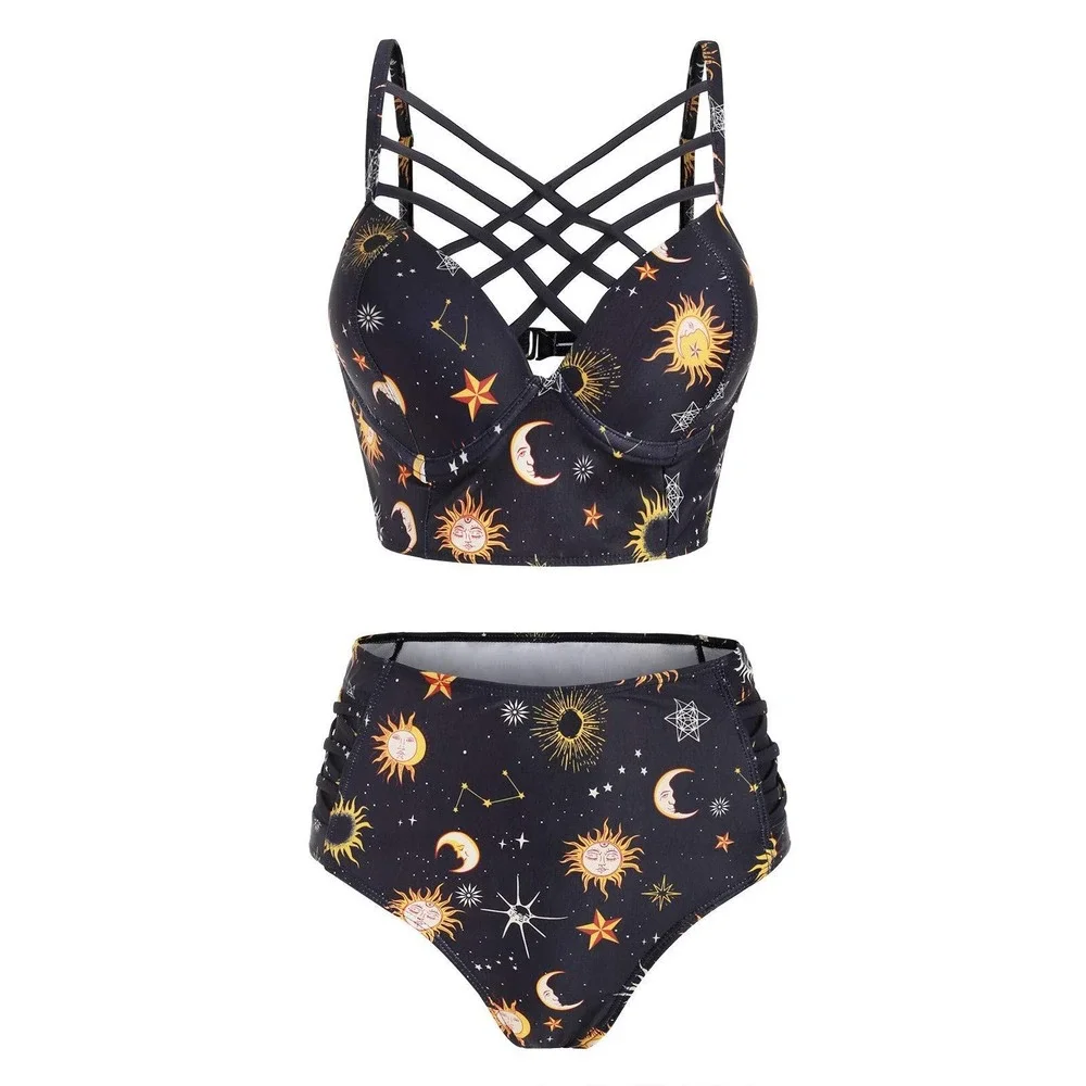 Bikini Set Women XL Black Yellow Strappy Racerback Celestial‎ Astrology 519 NWT